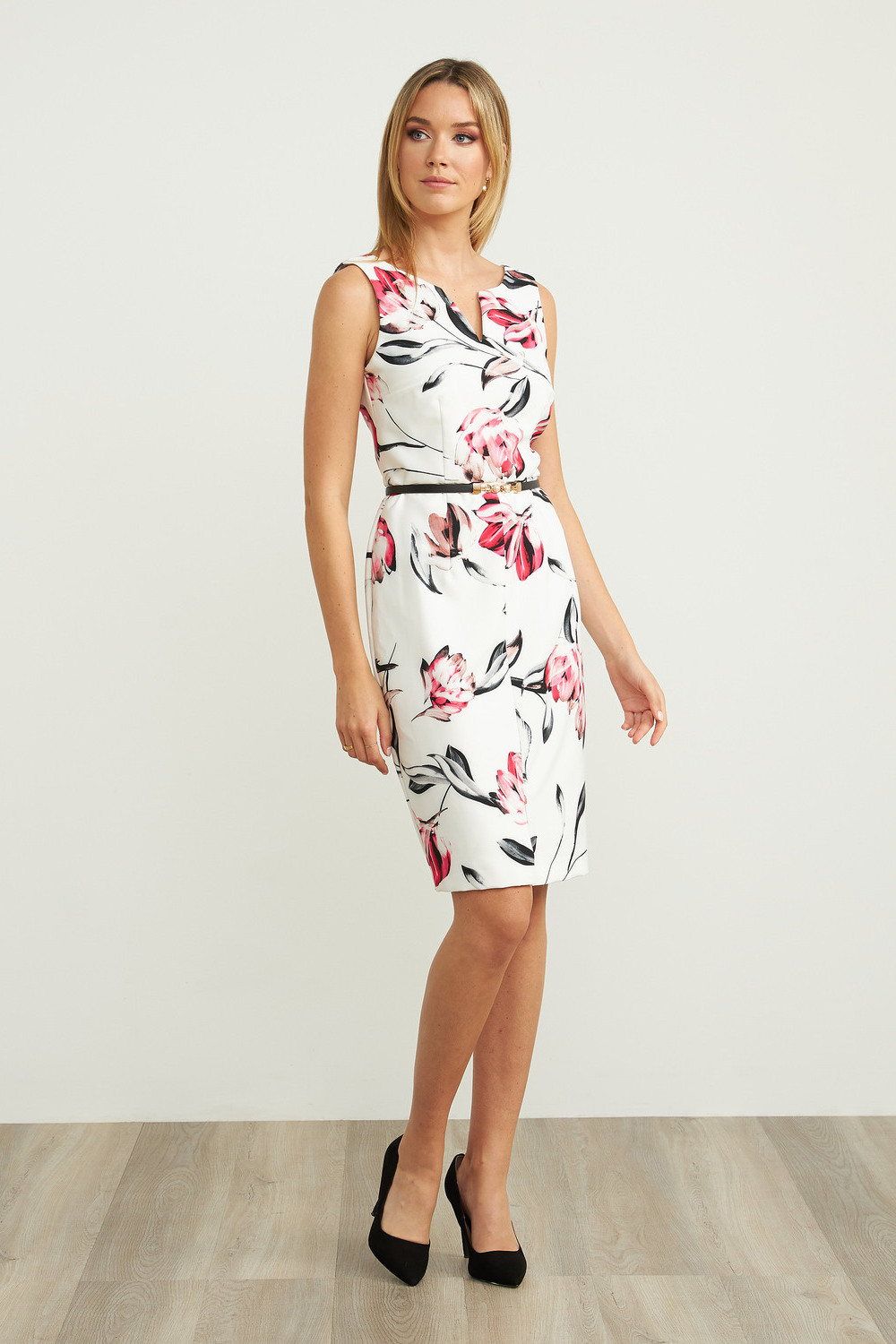 Joseph Ribkoff Floral Print V-Neck Dress Style 202054. Offwhite/multi