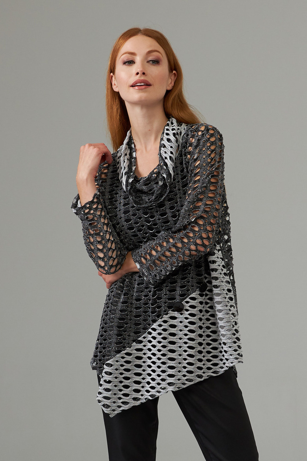Joseph Ribkoff Draped collar fishnet blouse style 203012. Black/grey