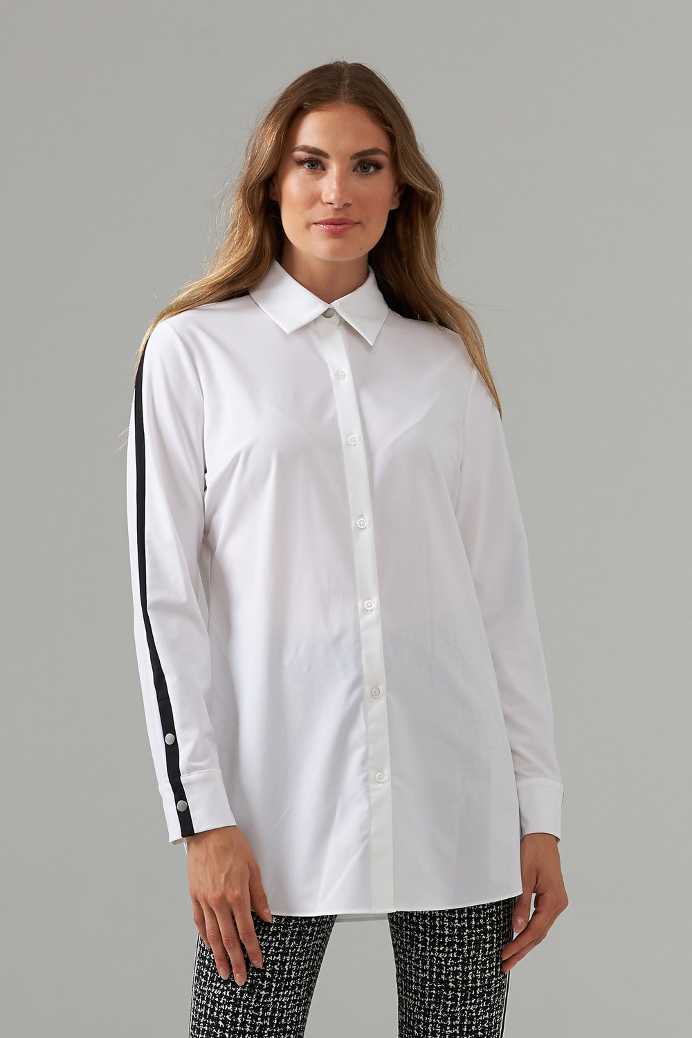 Joseph Ribkoff oversized striped Sleeve shirt style 203086. White/black