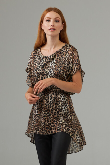 Joseph Ribkoff Tie waist sheer leopard top style 203309. Brown/multi