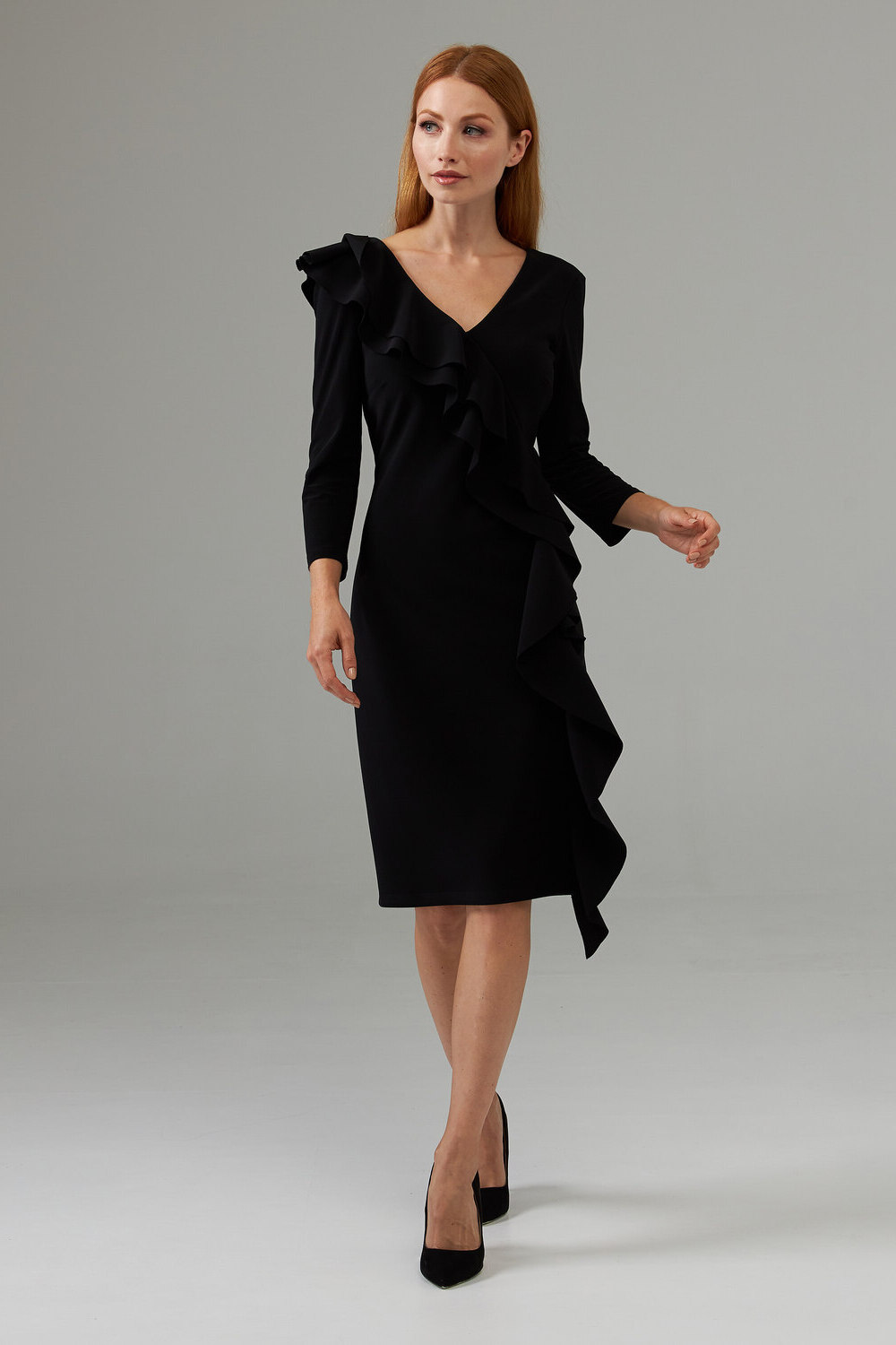 Joseph Ribkoff Side frilled long sleeved dress style 203336. Black