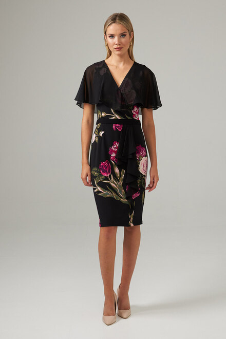 Joseph Ribkoff Floral Print Sheer Cover Dress Style 203355. Black/multi