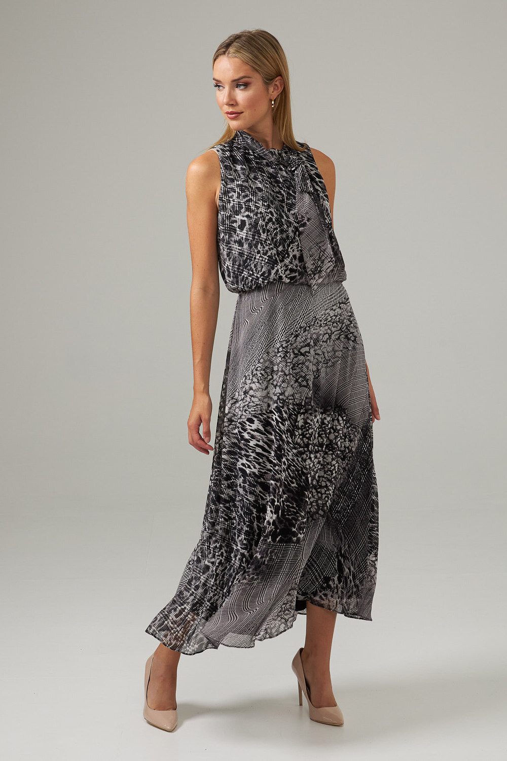 Joseph Ribkoff Mixed Print Dress Style 203424. Black/vanilla