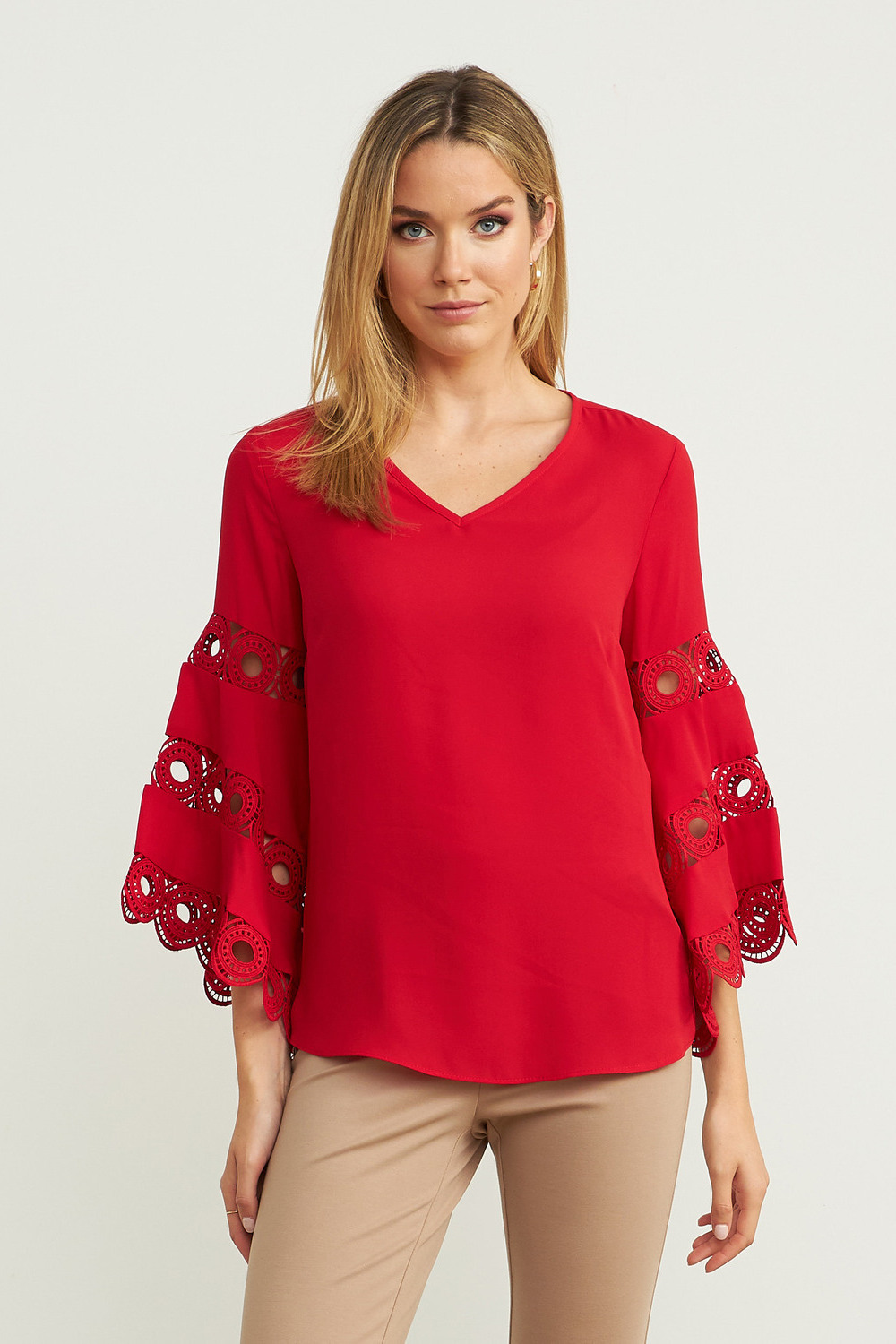 Joseph Ribkoff Cut-Out Sleeve Blouse Style 203441. Lipstick Red 173