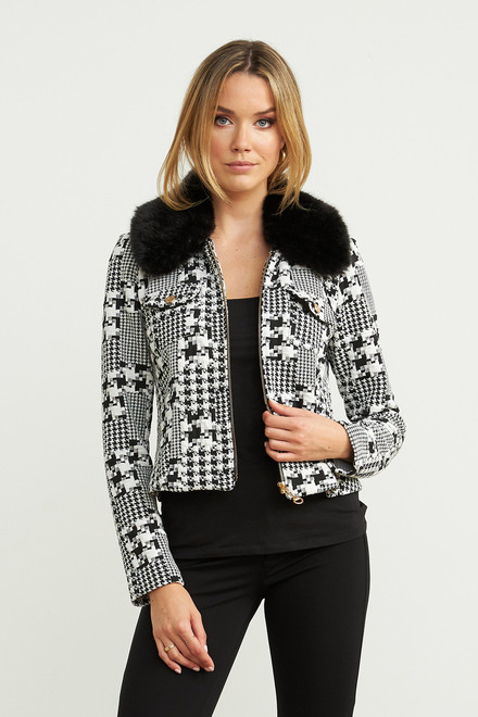 Joseph Ribkoff Faux Fur Trim Jacket Style 203529. Black/off White