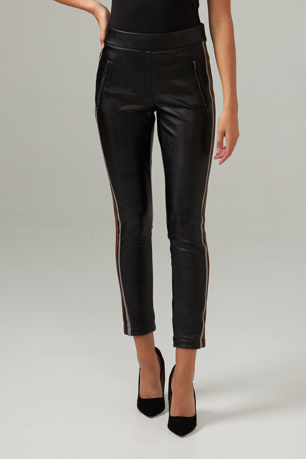 Joseph Ribkoff Striped Faux Leather Pants Style 203535. Black/brown/grey