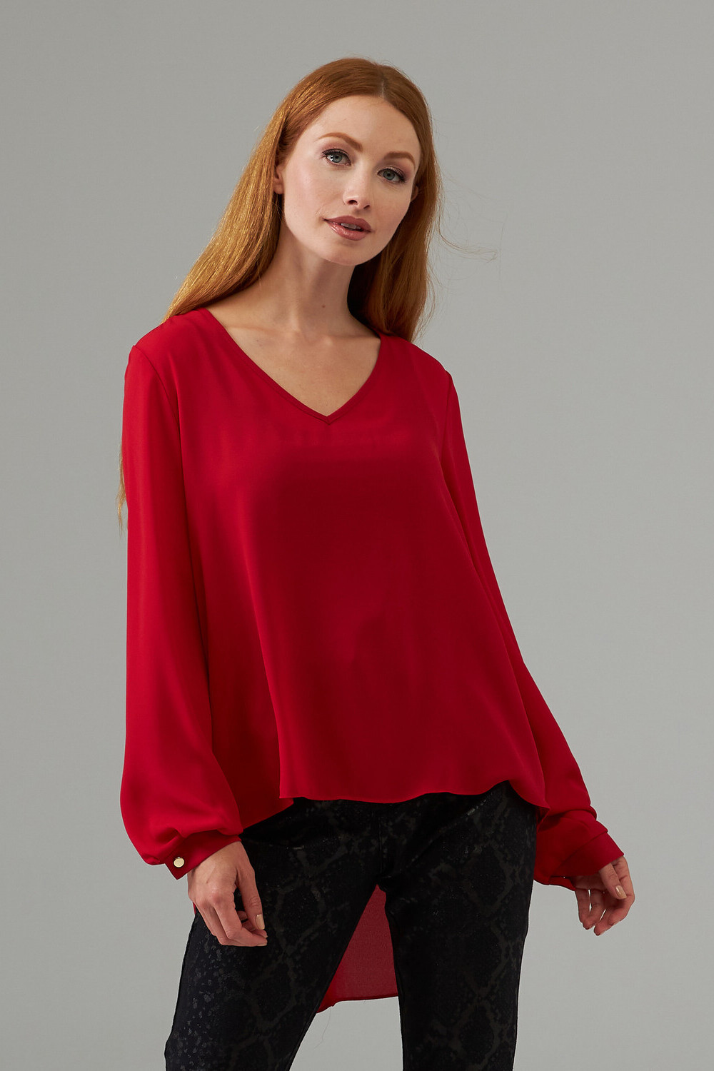Joseph Ribkoff Balloon sleeve V-neck blouse style 203611. Lipstick Red 173