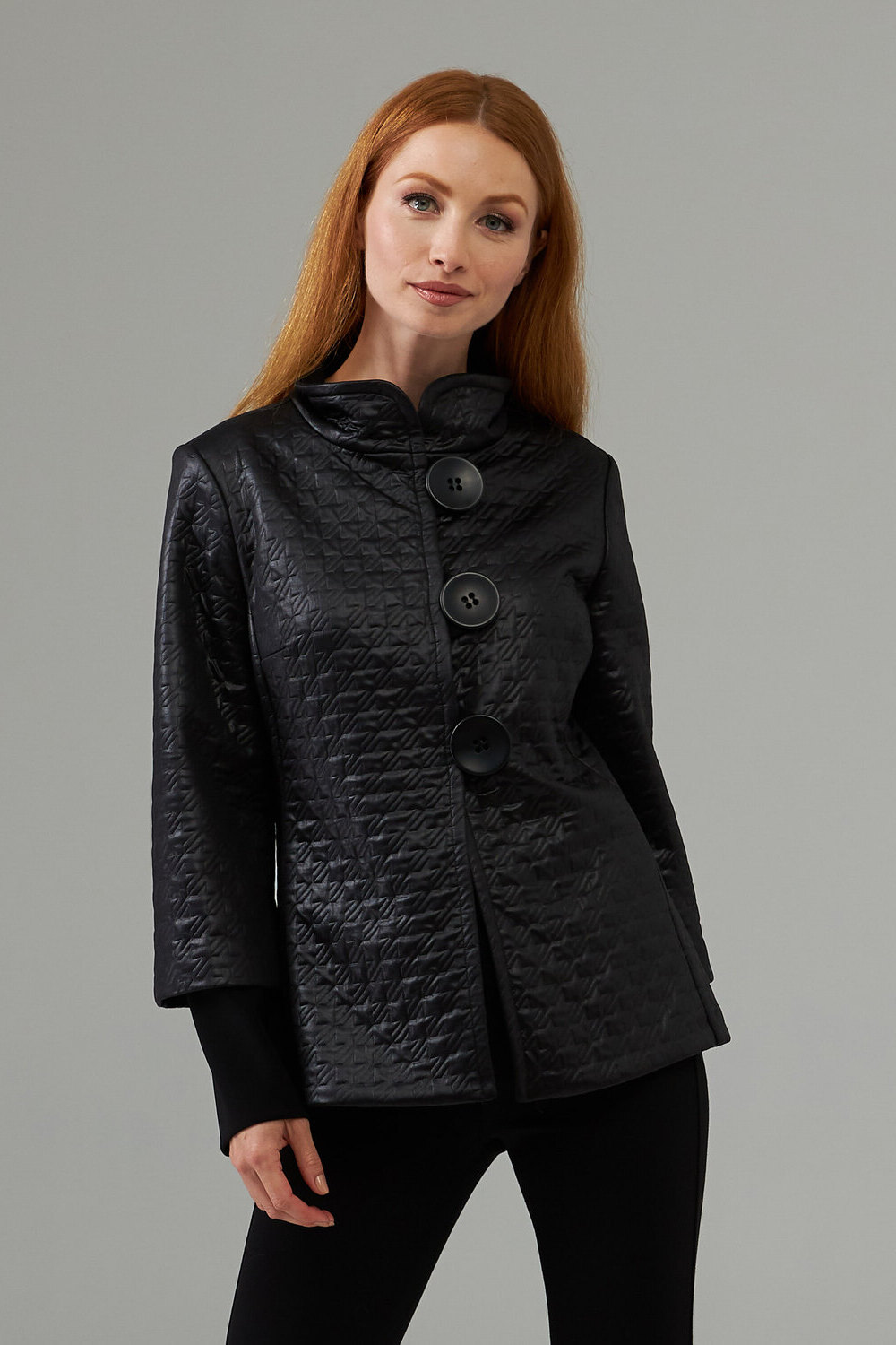 Joseph Ribkoff Faux leather high collar jacket style 203633. Black