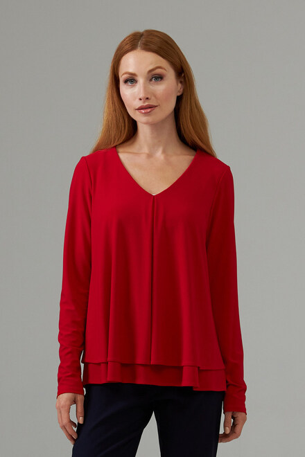 Joseph Ribkoff Layered hem blouse style 203701. Lipstick Red 173