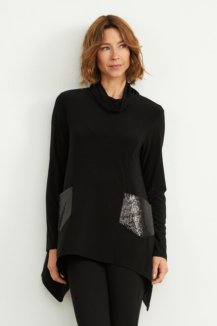 Joseph Ribkoff Sequin Pocket Mock Neck Sweater Style 204246. Black