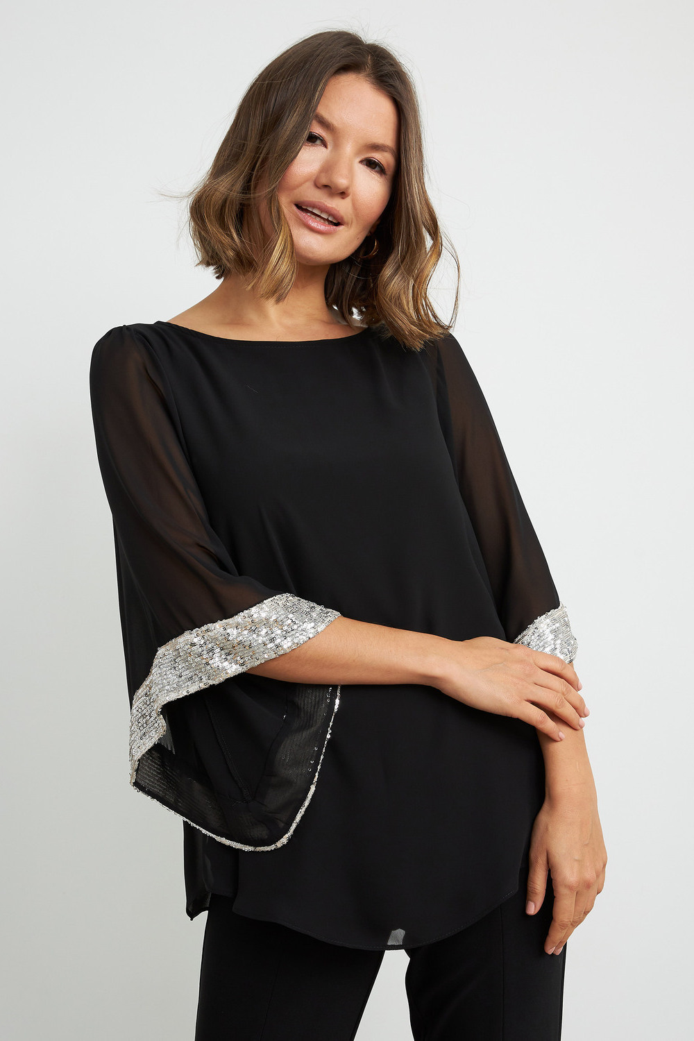 Joseph Ribkoff Sheer Sequined Blouse Style 204284. Black/silver