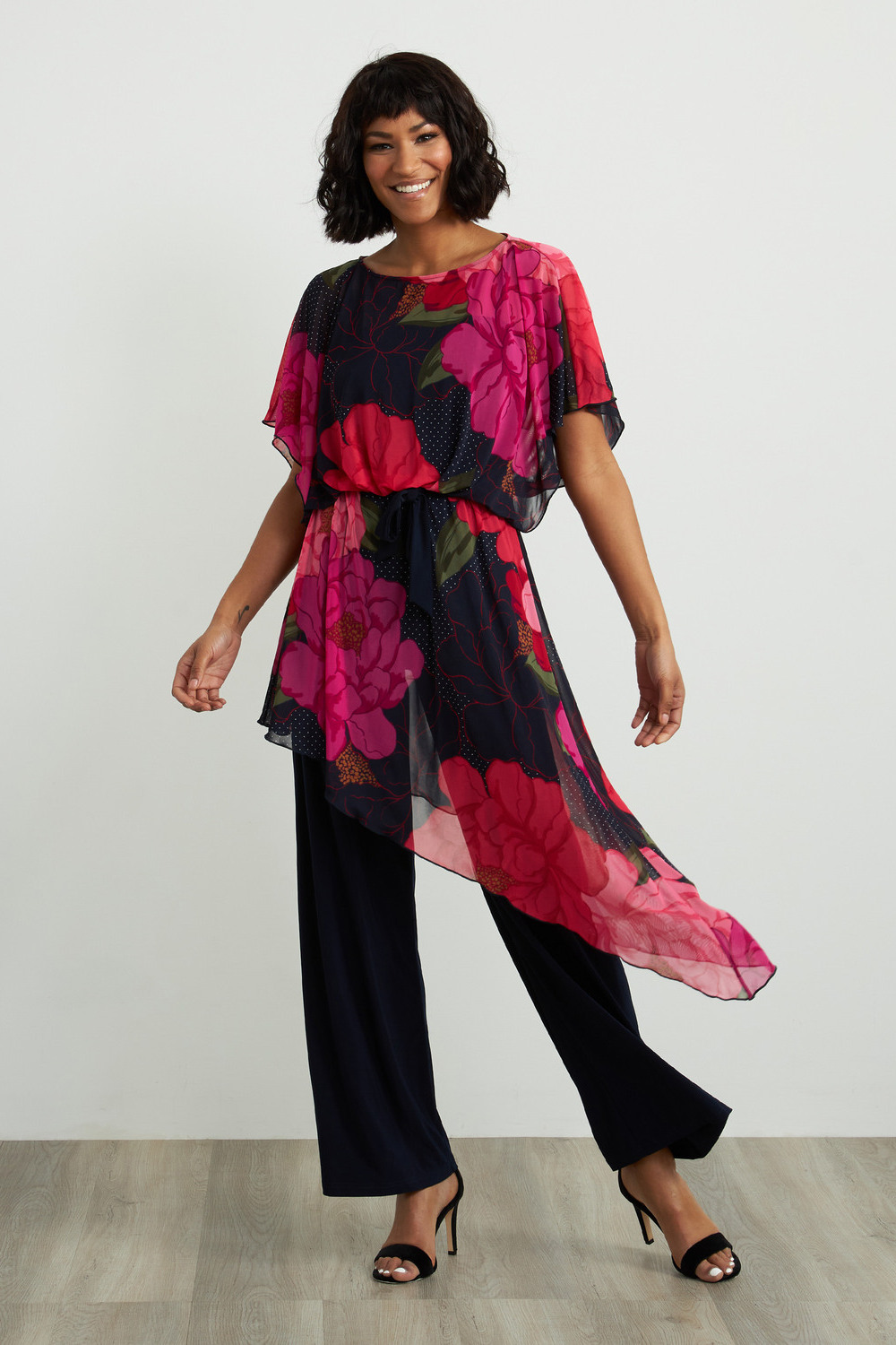 Joseph Ribkoff Sheer Floral Jumpsuit Style 211007. Pink/multi