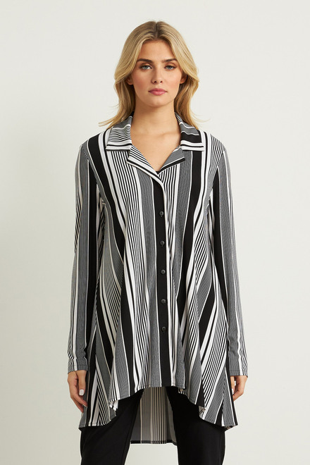 Joseph Ribkoff Striped Asymmetric Hem Blouse Style 211109. Black/white