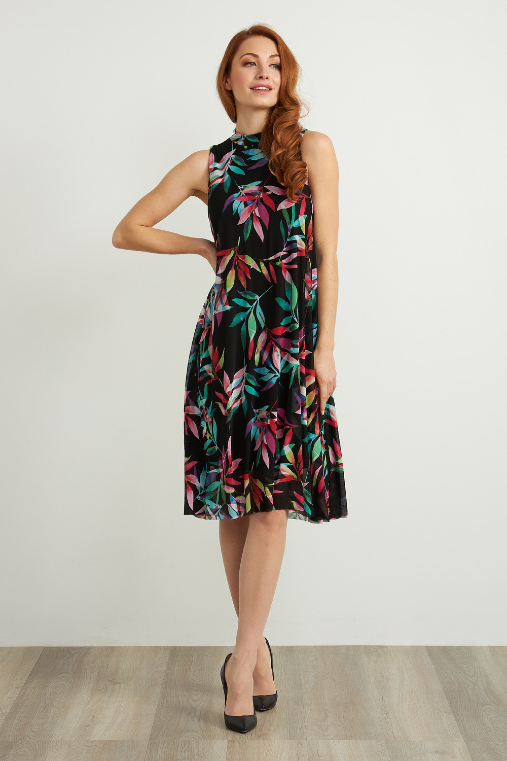 Joseph Ribkoff Floral A-Line Dress Style 211135. Black/multi