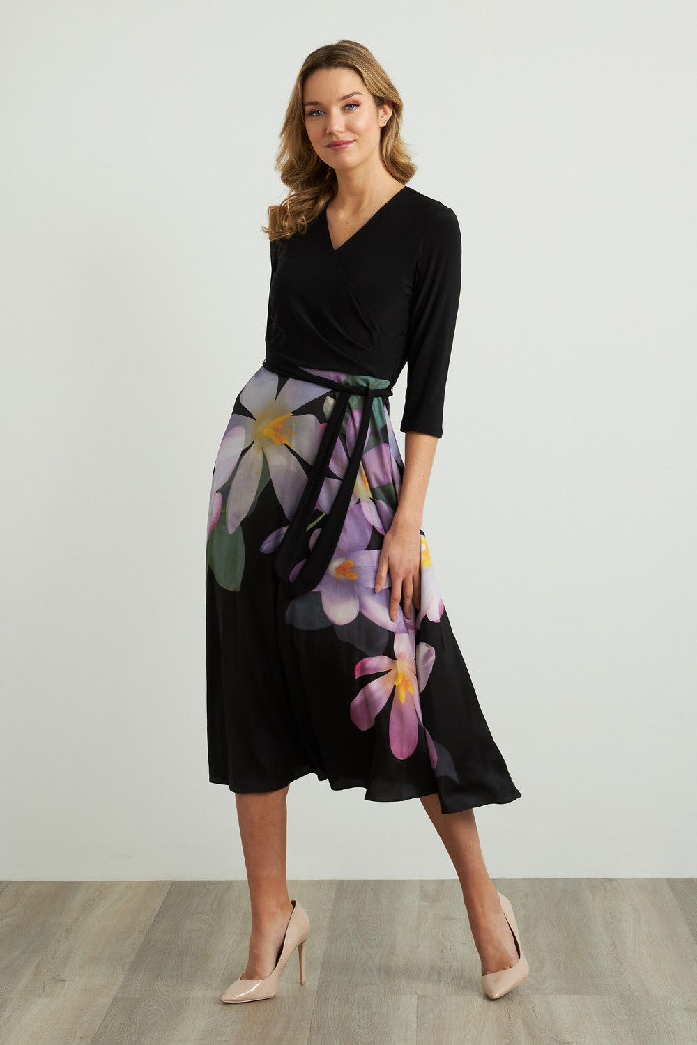 Joseph Ribkoff Long Sleeve Floral Dress Style 211177. Black/purple/multi
