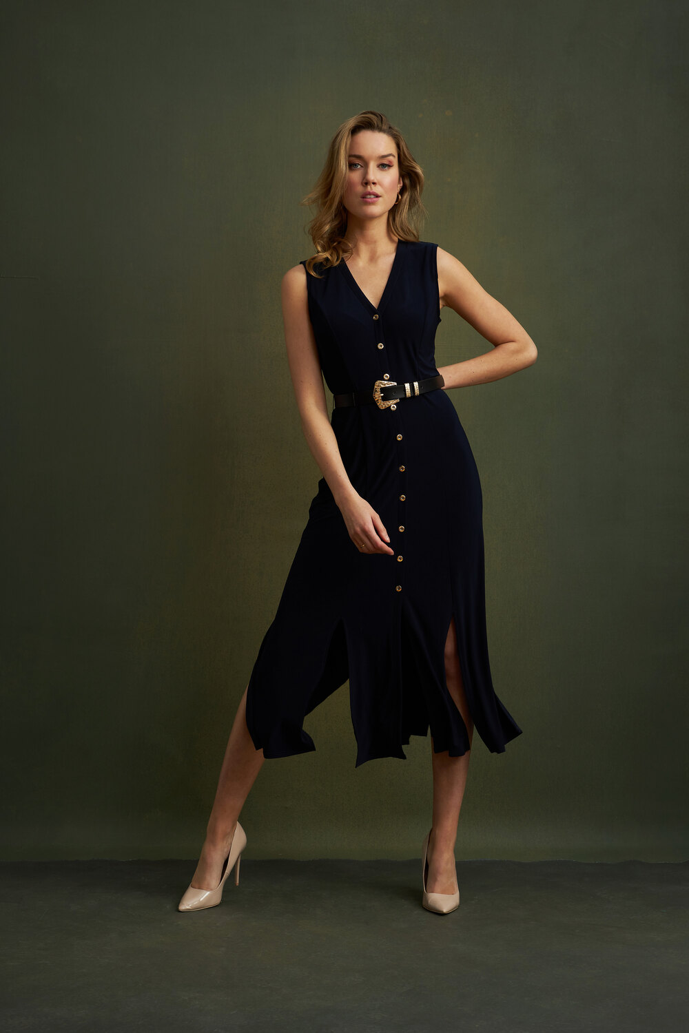 Joseph Ribkoff Sleeveless Belted Dress Style 211179. Midnight Blue