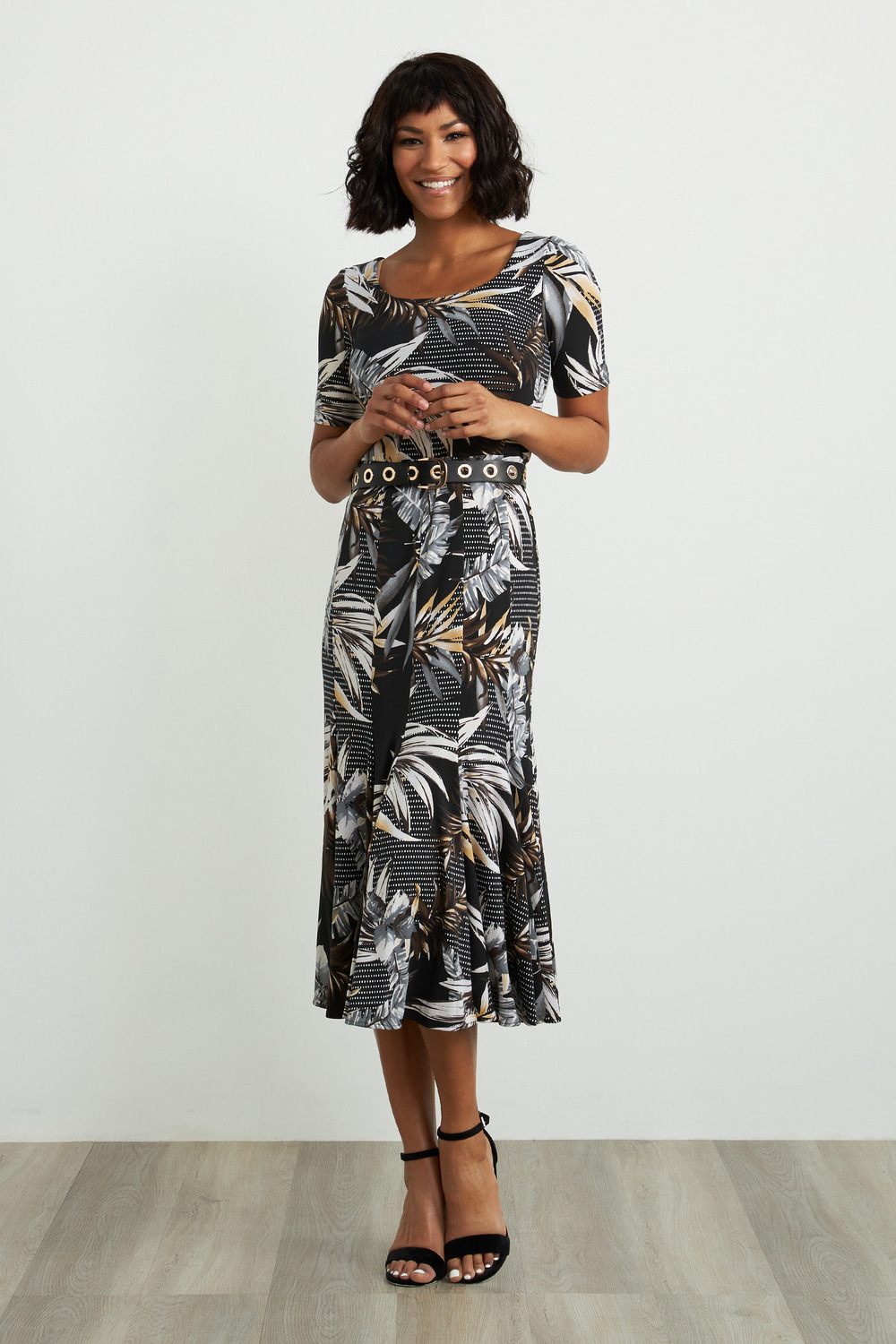 Joseph Ribkoff Tropical Print Short Sleeve Dress Style 211186. Black/multi