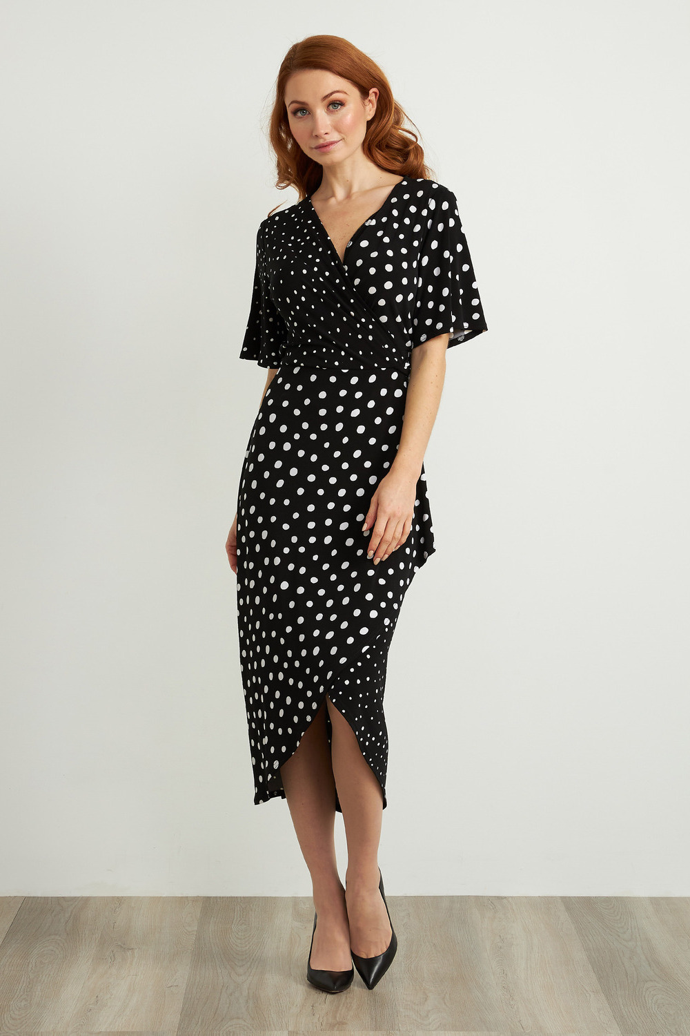 Joseph Ribkoff Polka Dot Short Sleeve Dress Style 211235. Black/white