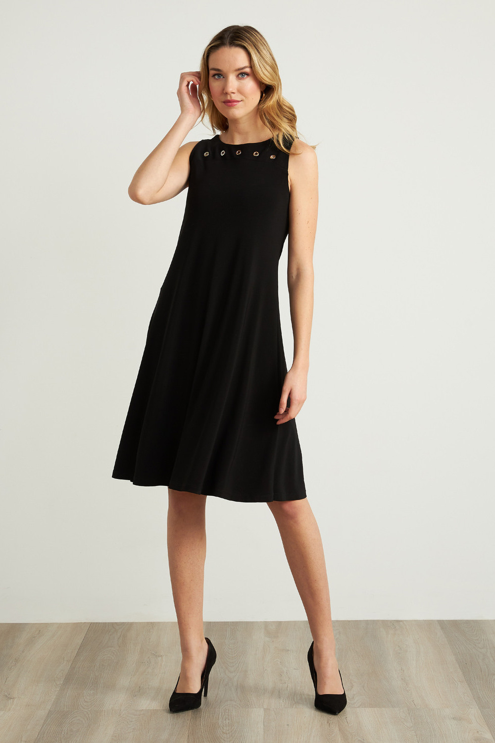 Joseph Ribkoff Grommet Detail A-Line Dress Style 211244. Black