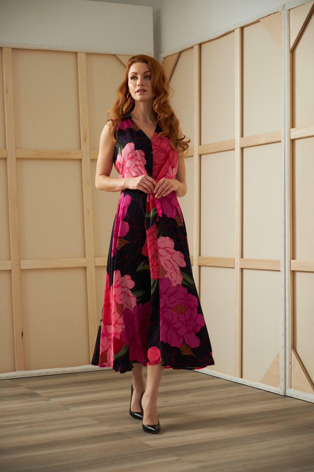 Joseph Ribkoff Floral & Polka Dot Dress Style 211279. Pink/multi