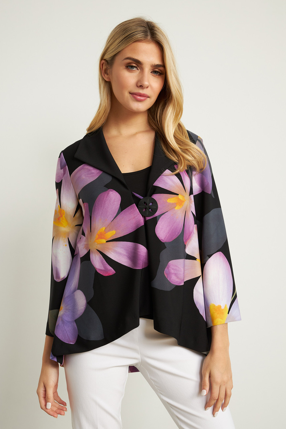 Joseph Ribkoff Floral 3/4 Sleeve Jacket Style 211395. Black/purple/multi