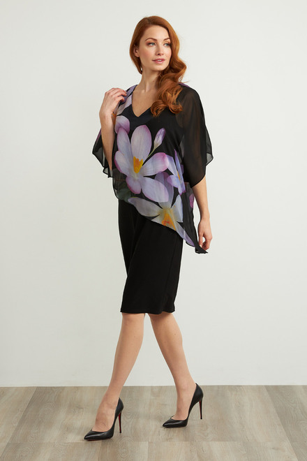 Joseph Ribkoff Floral Overlay Dress Style 211408. Black/purple/multi
