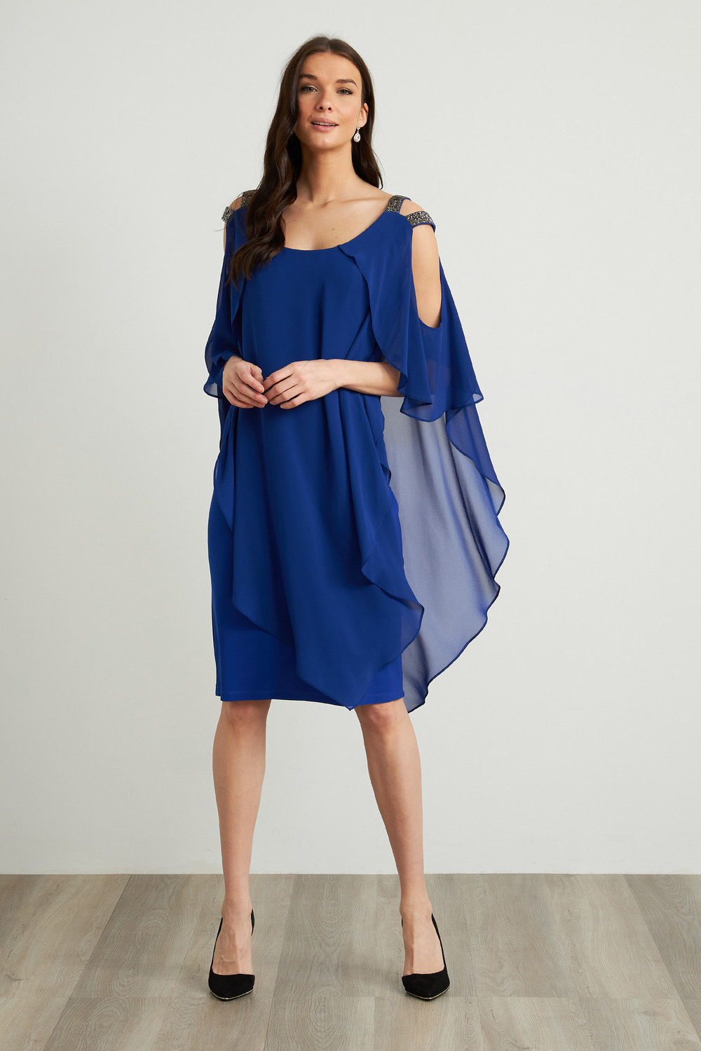 Joseph Ribkoff Cold Shoulder Layer Dress Style 211421. Royal Sapphire 163