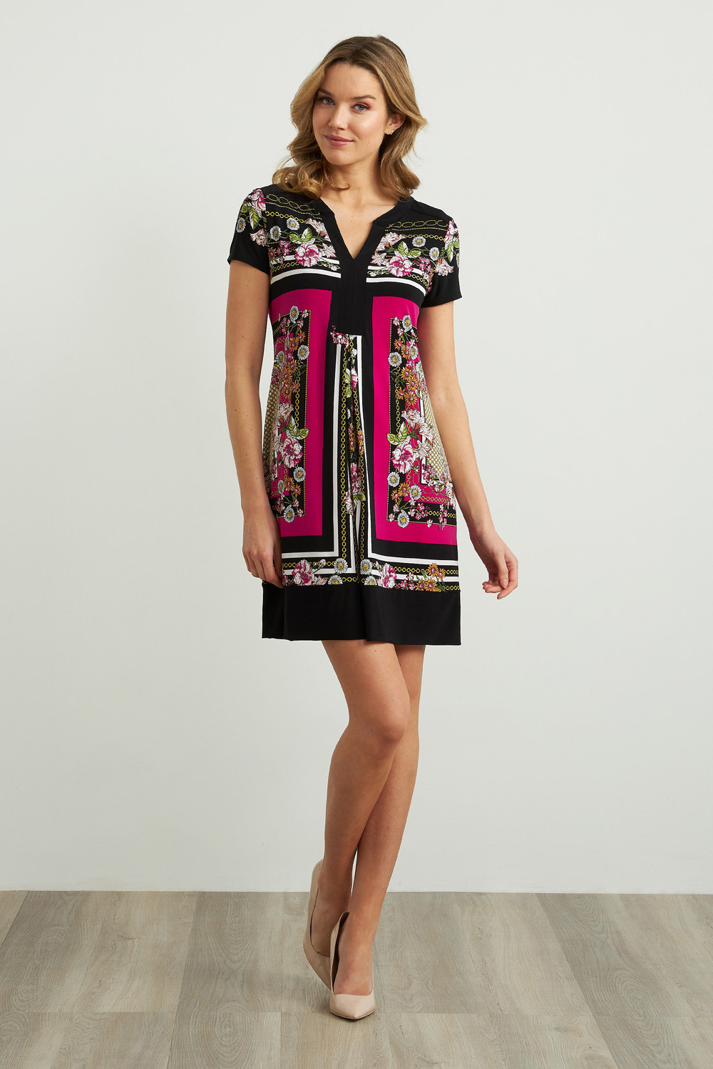 Joseph Ribkoff Floral & Chain Print Dress Style 211444. Black/multi