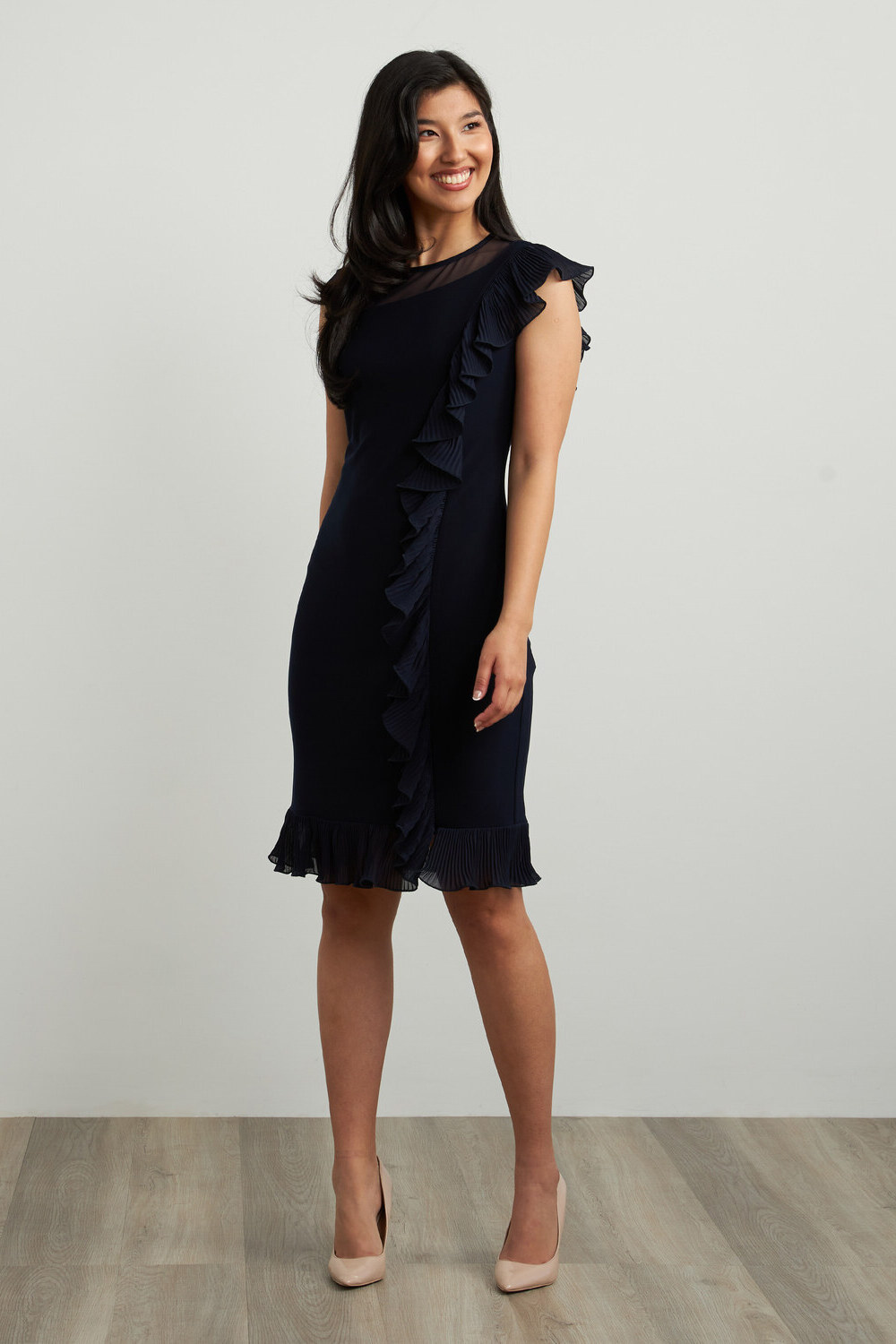 Joseph Ribkoff Frilled Dress Style 211476. Midnight Blue