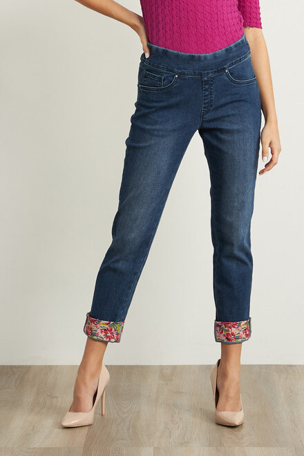 Joseph Ribkoff High-Waisted Floral Trim Jeans Style 211946. Denim Medium Blue