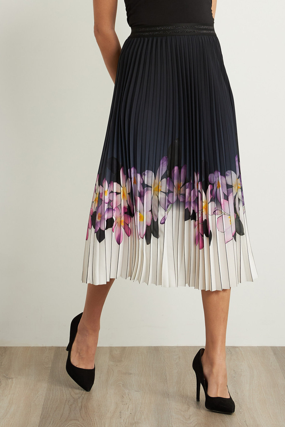 Joseph Ribkoff Pleated Floral Skirt Style 211956. Black/purple/multi