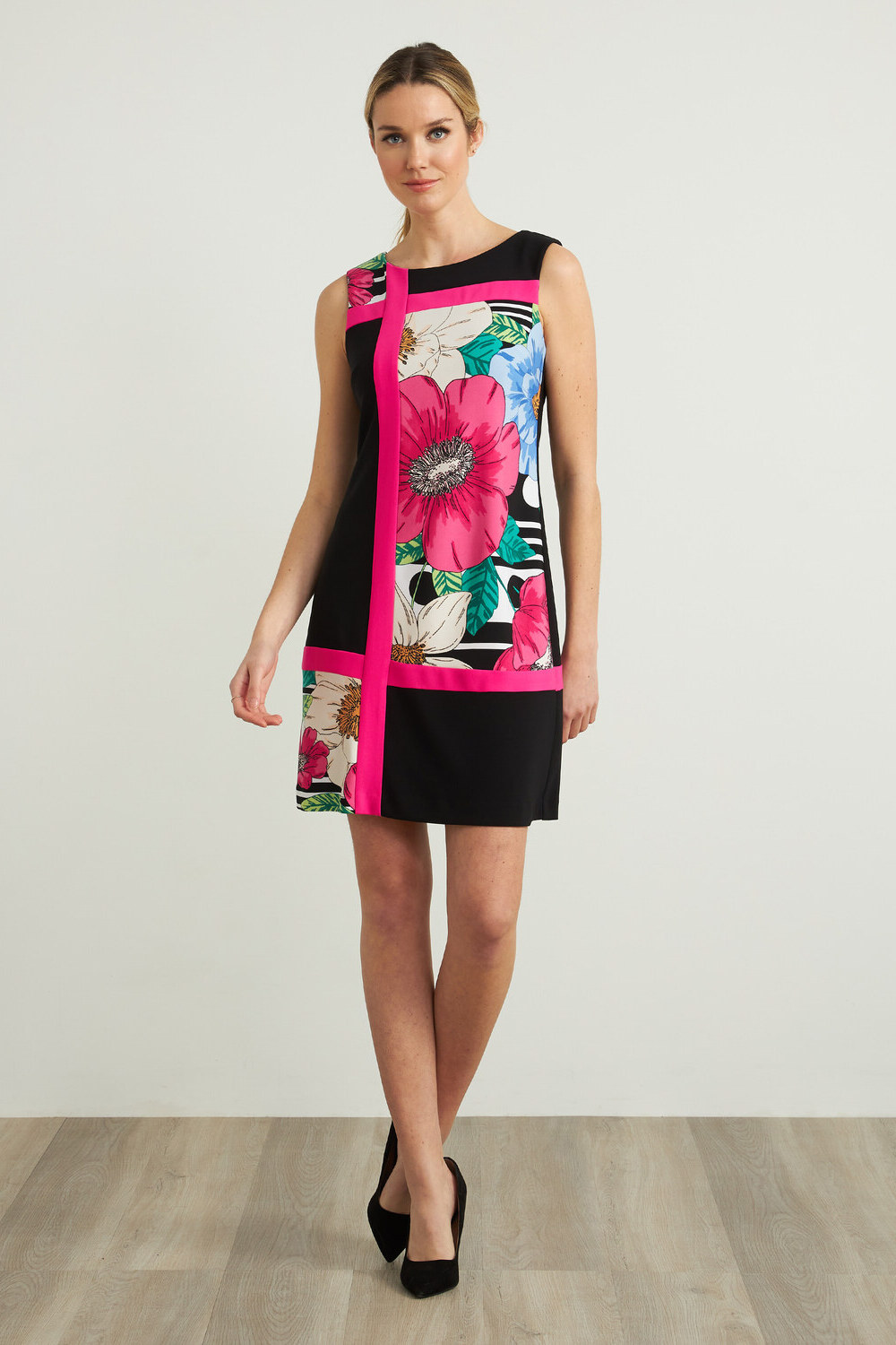 Joseph Ribkoff Floral Colour Block Dress Style 212040. Black/multi