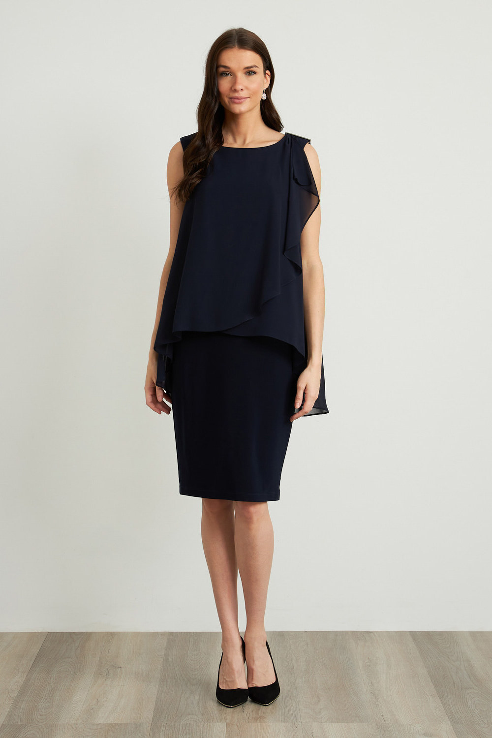 Joseph Ribkoff Sheer Sleeveless Dress Style 212057. Midnight Blue