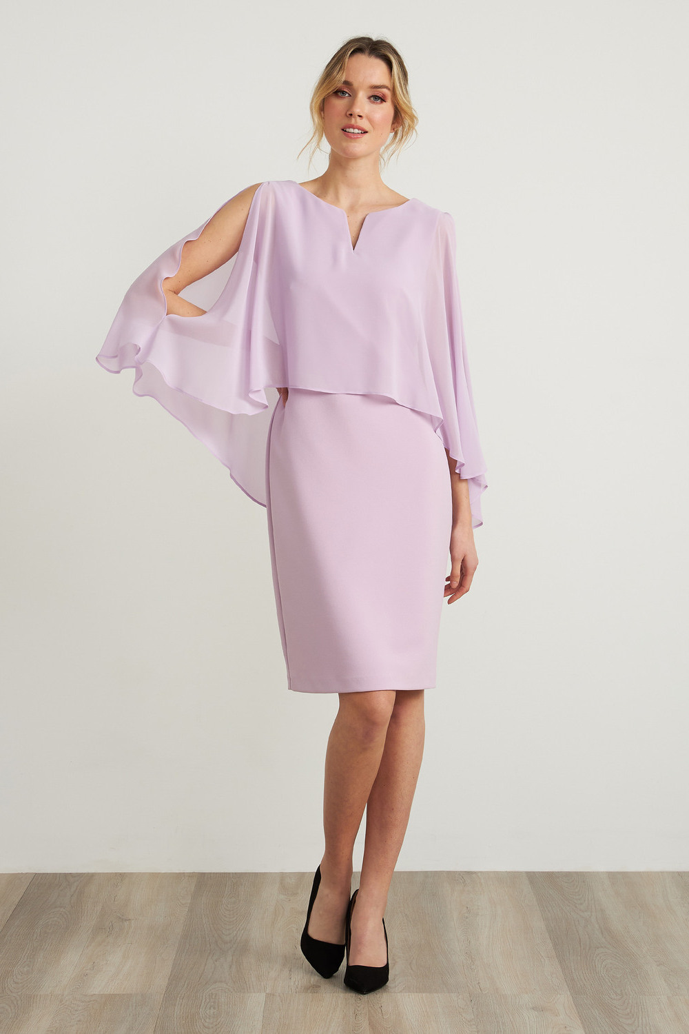 Joseph Ribkoff Chiffon Overlay Dress Style 212158. Sweet Lilac