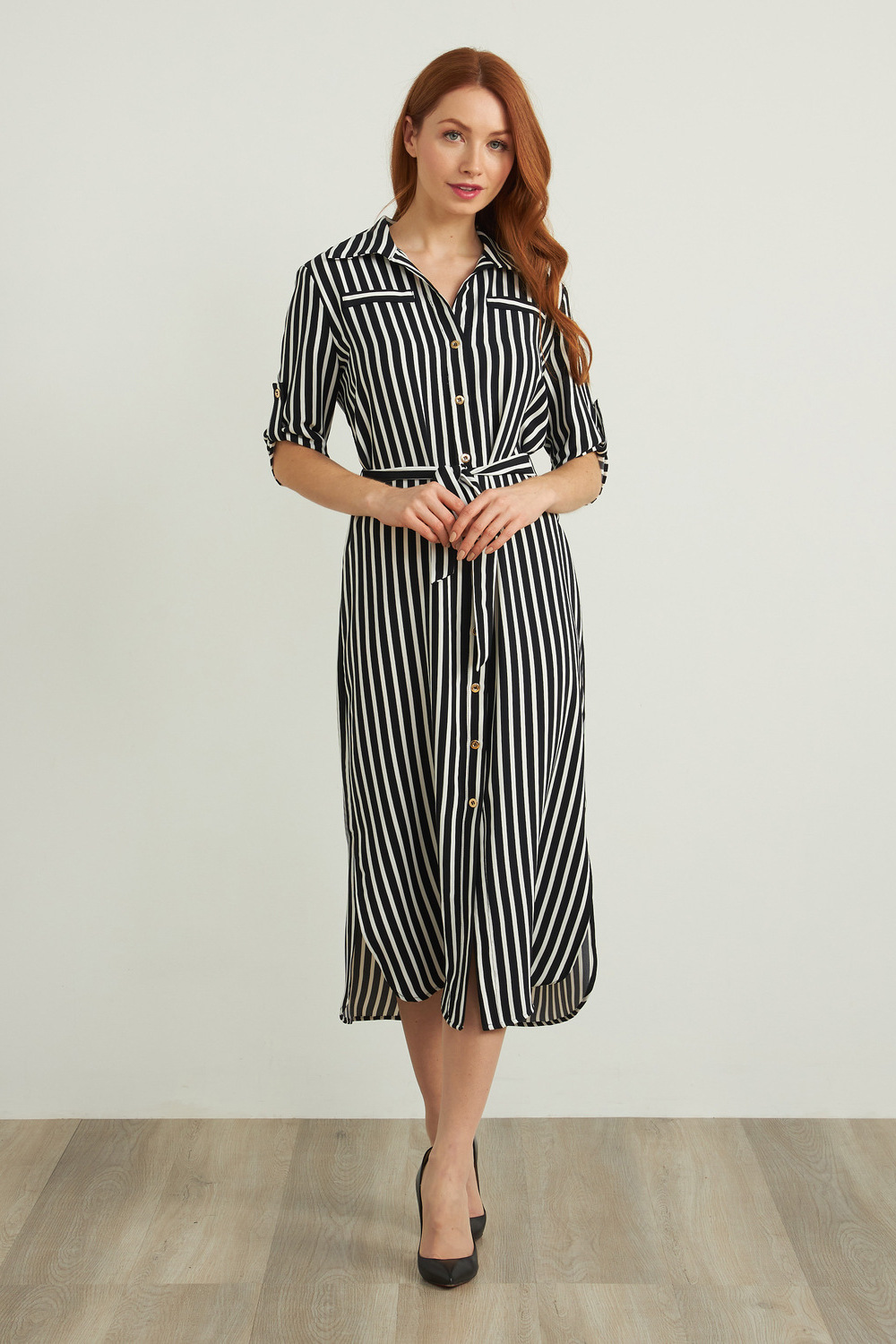 Joseph Ribkoff Striped Shirt Dress Style 212162. Black/vanilla