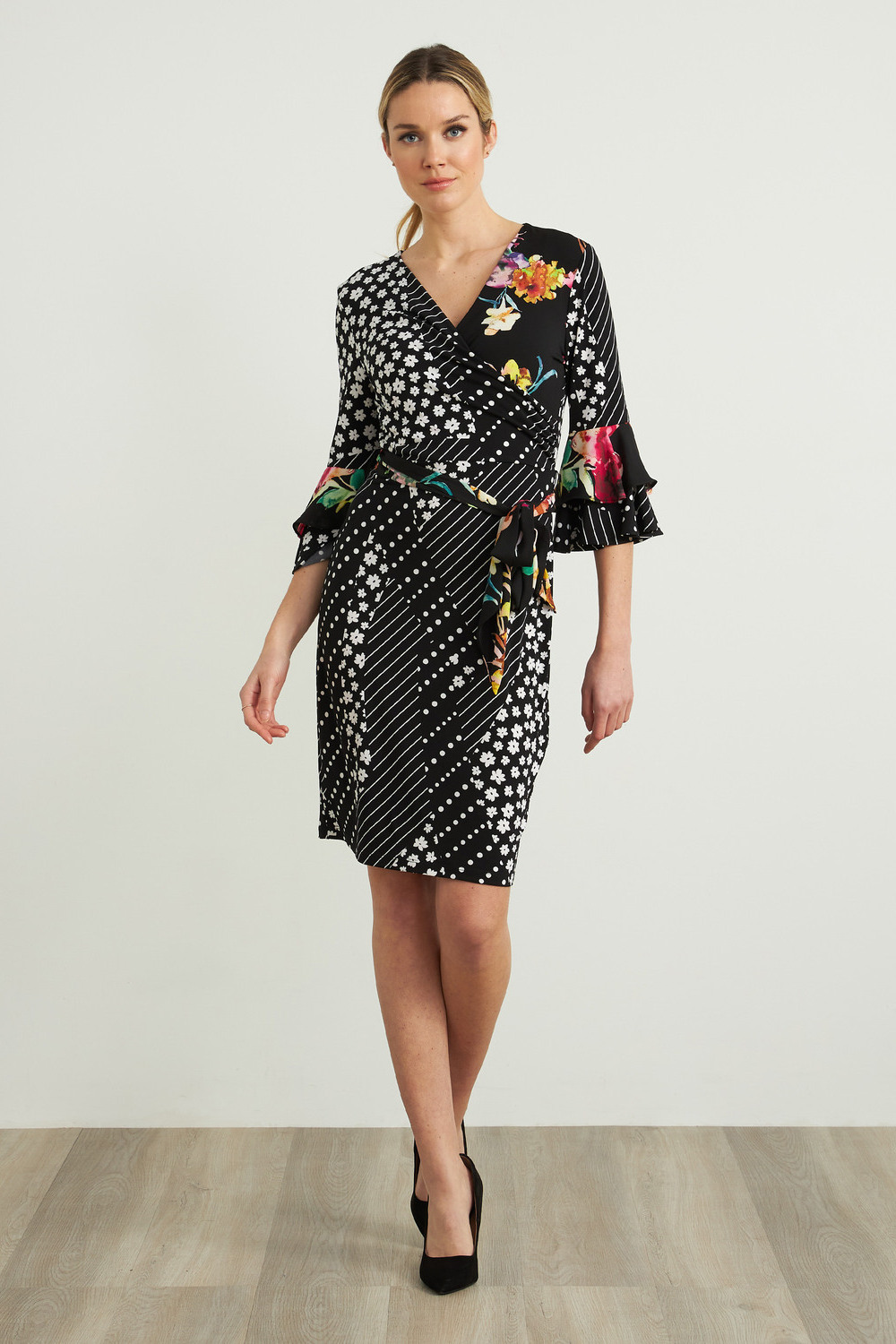 Joseph Ribkoff Floral Print Bell Sleeve Dress Style 212190. Black/white
