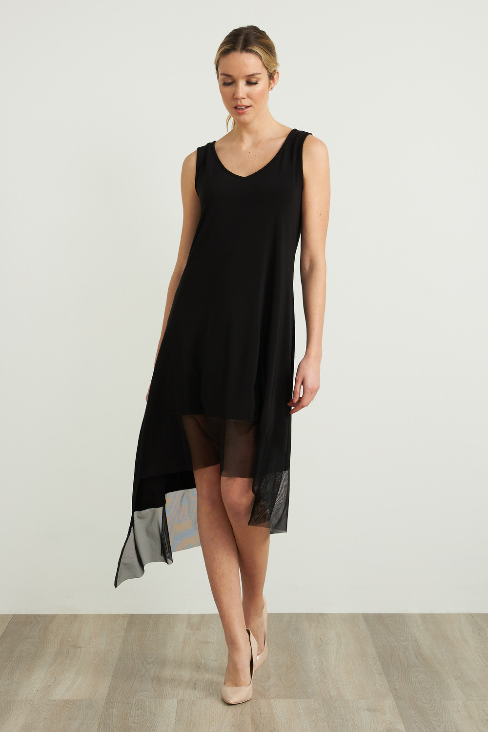 Joseph Ribkoff Sheer Asymmetric Hem Dress Style 212195. Black
