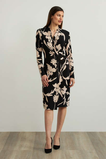 Joseph Ribkoff Floral Wrap Front Dress Style 213424. Black/beige
