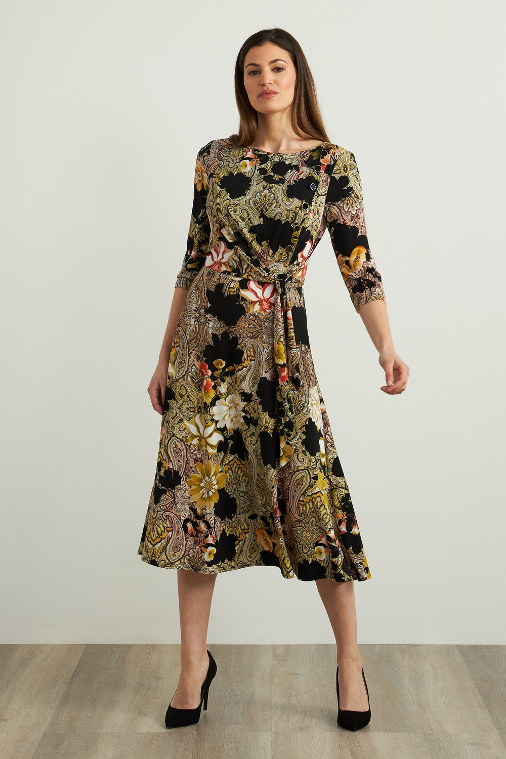 Joseph Ribkoff Paisley & Floral Dress Style 213560. Black/multi