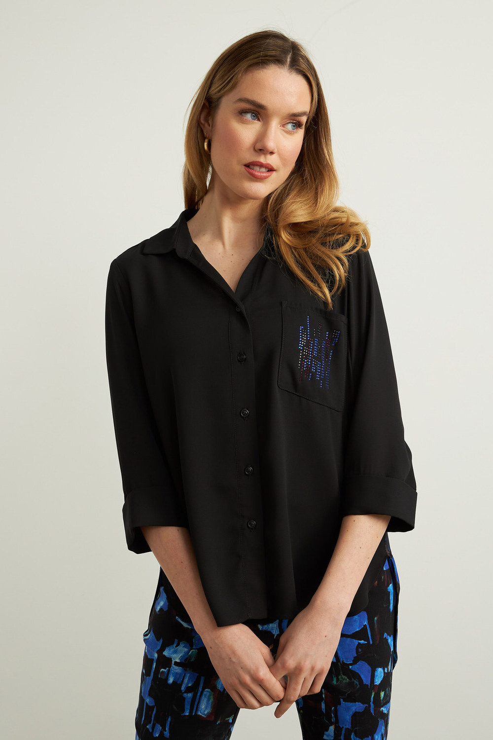 Joseph Ribkoff Abstract Georgette Blouse Style 213625. Black/royal Sapphire