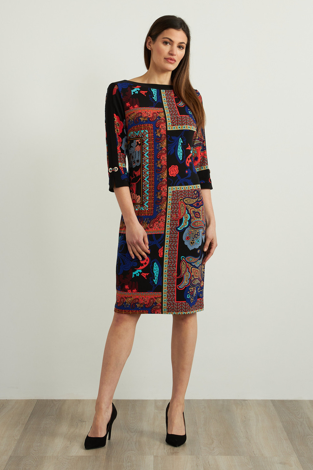 Joseph Ribkoff Mixed Paisley Print Dress Style 213658. Black/multi