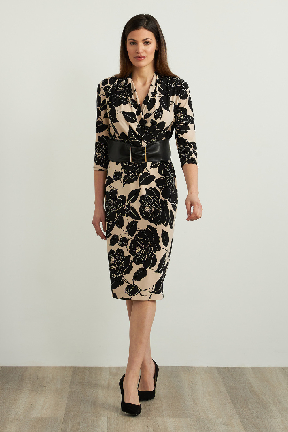 Joseph Ribkoff Floral Sheath Dress Style 213678. Black/beige