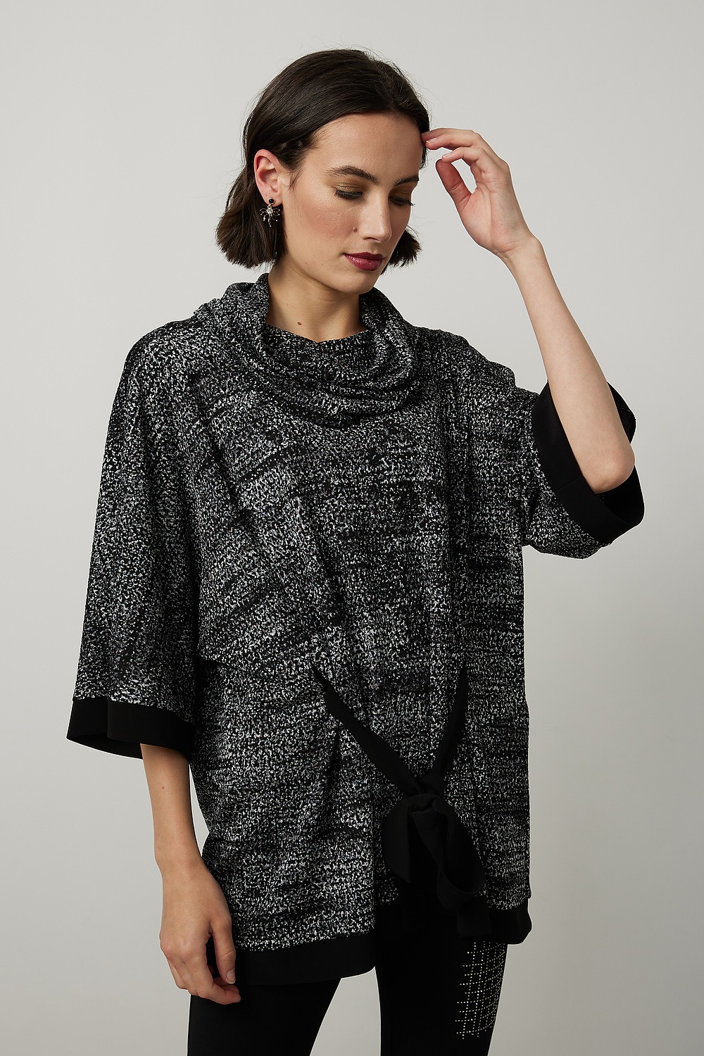Joseph Ribkoff Jacquard Knit Top Style 214118. Black/silver/grey