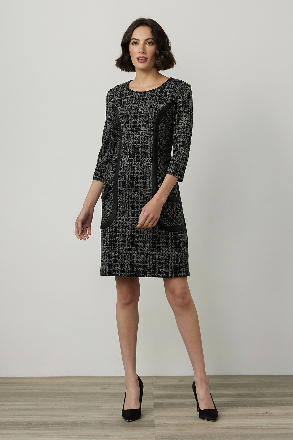 Joseph Ribkoff 3/4 Sleeve Printed Dress Style 214152. Black/grey