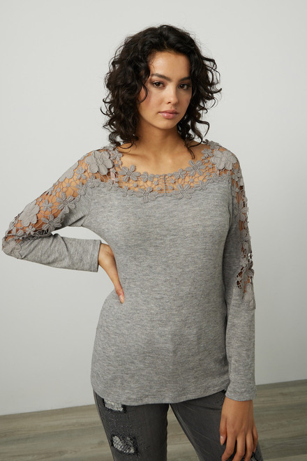 Joseph Ribkoff Lace Neckline Sweater Style 214154. Grey