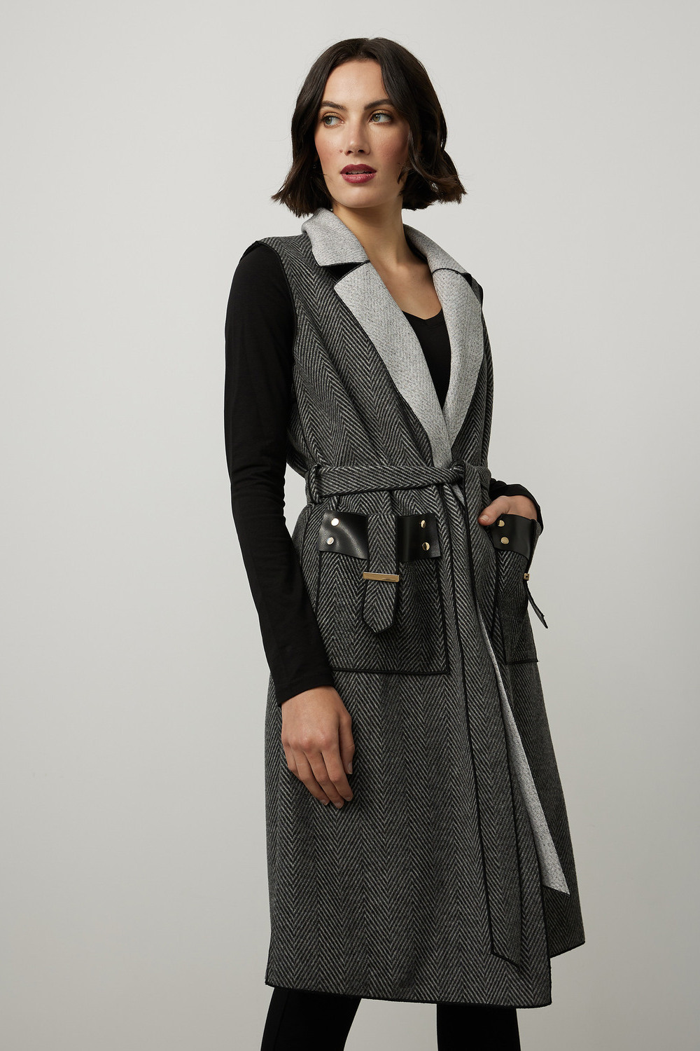Joseph Ribkoff Knit Sleeveless Jacket Style 214195. Black/grey