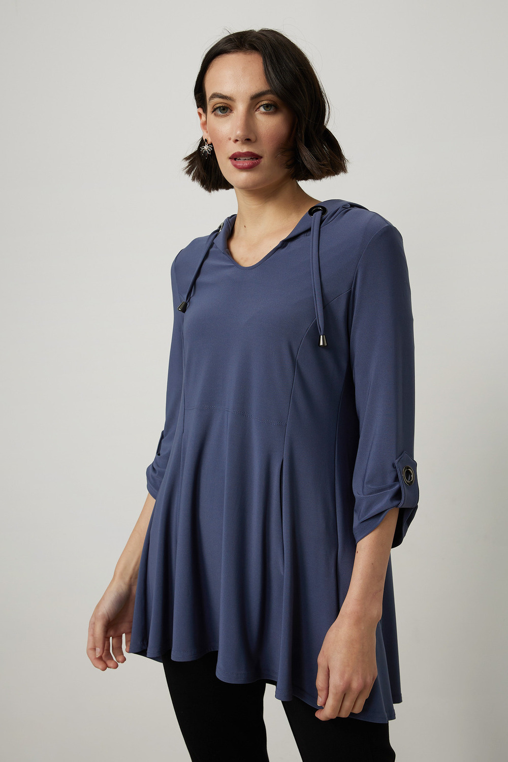 Joseph Ribkoff Eyelet Detail Hooded Top Style 214262. Mineral Blue