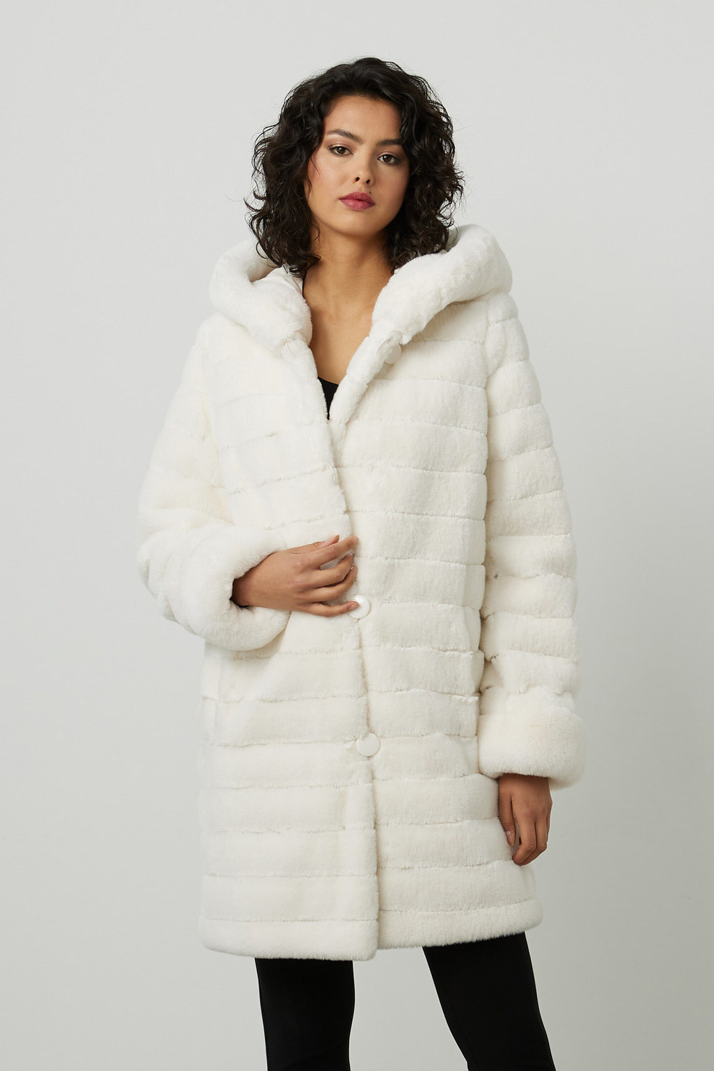 Joseph Ribkoff Reversible Faux Fur Hooded Coat Style 214913. Vanilla 30