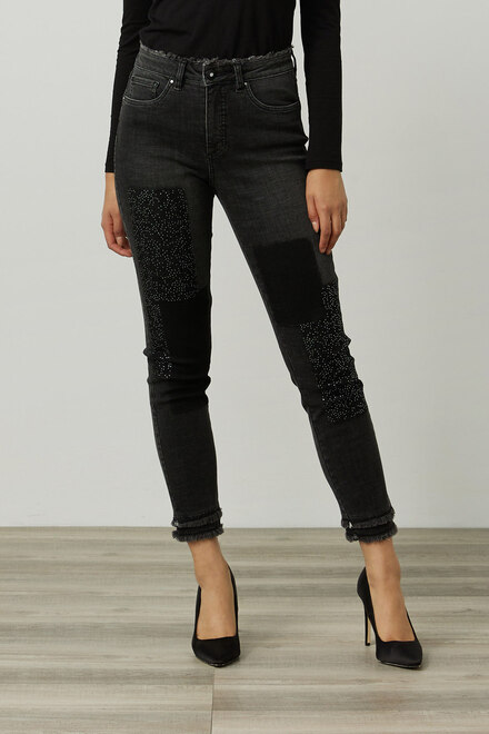 Joseph Ribkoff Rhinestone &amp; Frayed Jeans Style 214924. Charcoal/dark Grey