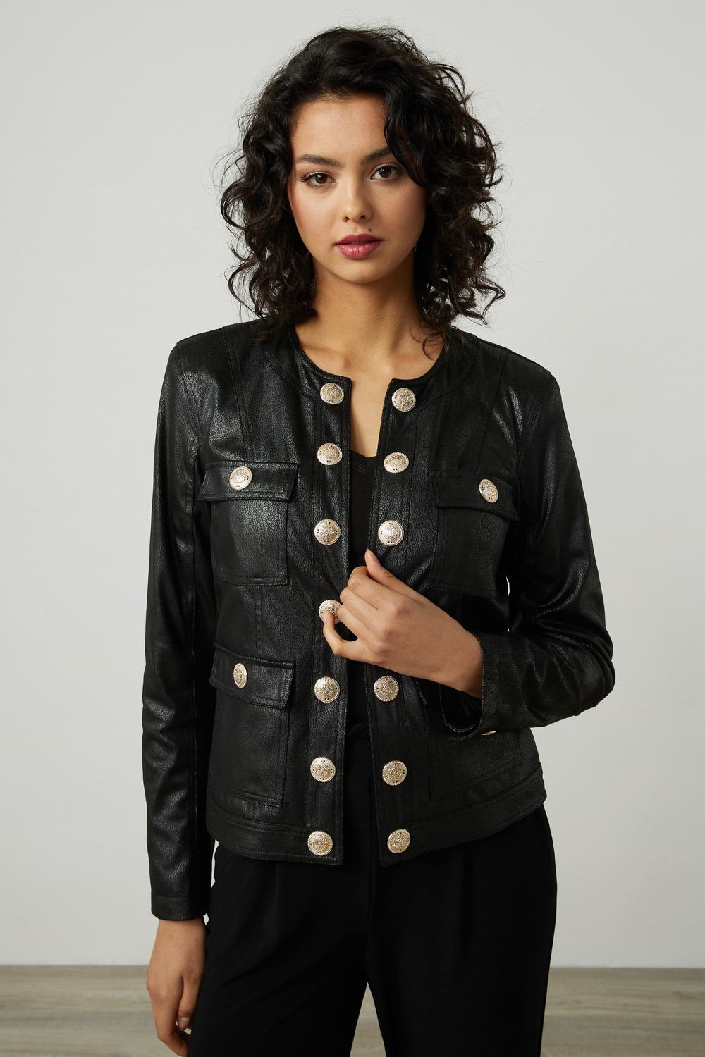 Joseph Ribkoff Faux Leather Cropped Jacket Style 214926. Black